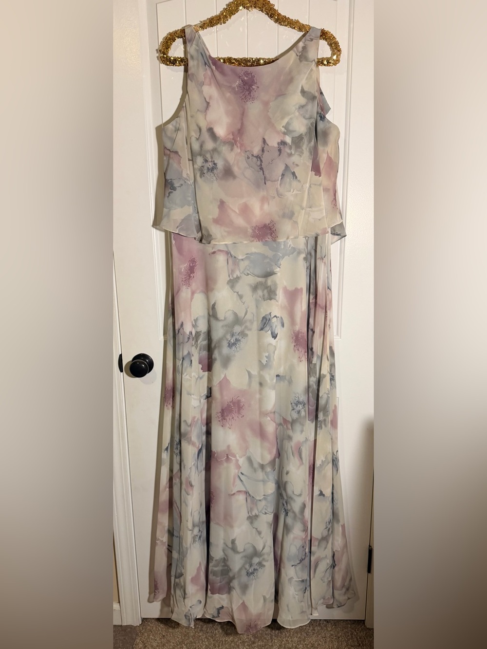 Mori Lee Pastel Floral Maxi Dress in Lilac and Light Gray